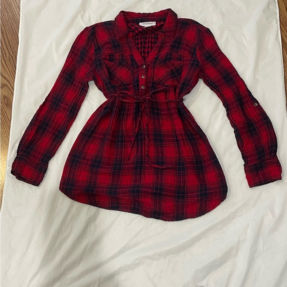 Motherhood Maternity Red and Navy Plaid Top